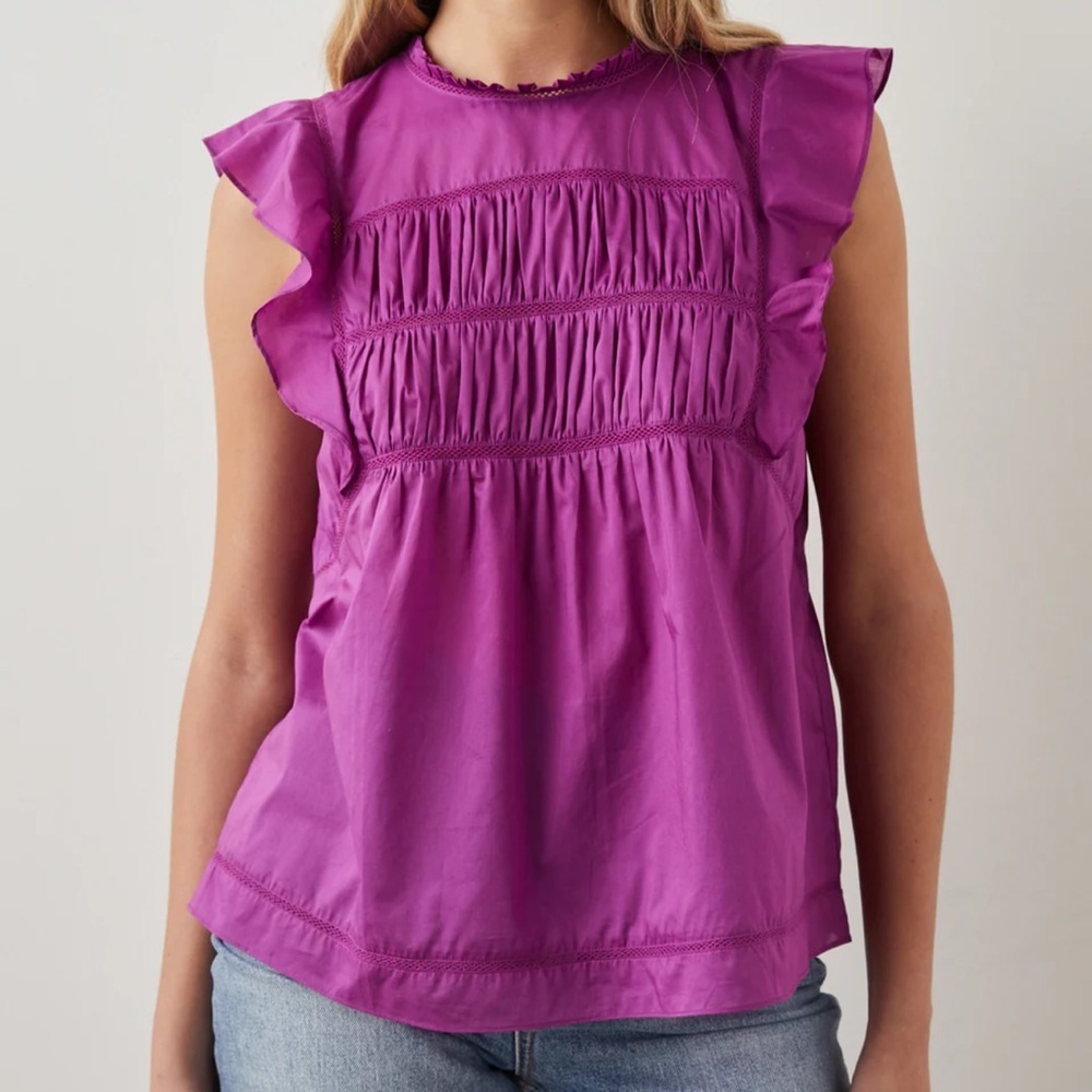Rails Filomena Top in Berry Size L Feminine Ruffles Flutter Sleeves Airy Cotton
